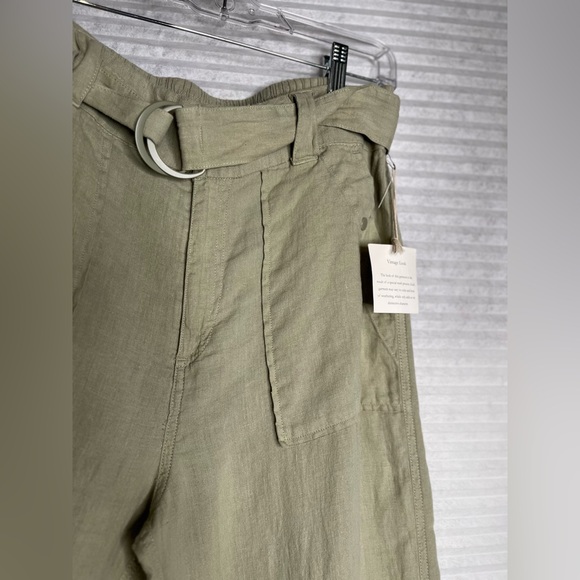 TAHARI 100% Linen khaki green pants womens L NWT belted high rise - Picture 6 of 14